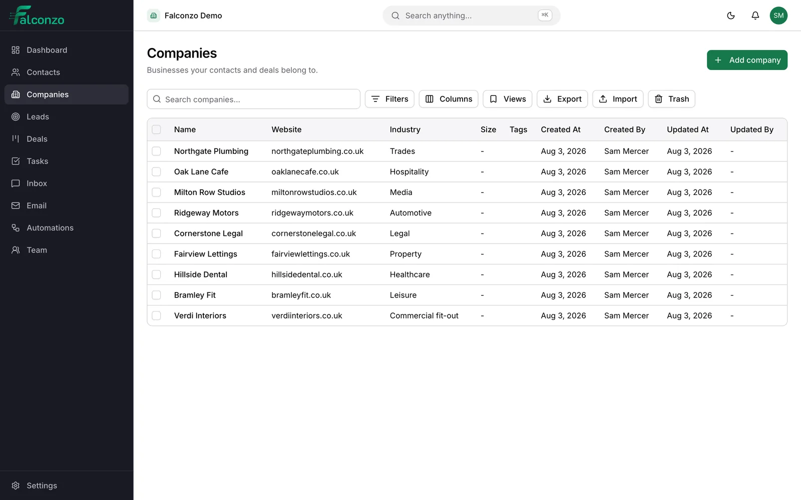 The Falconzo companies list showing each company and its details