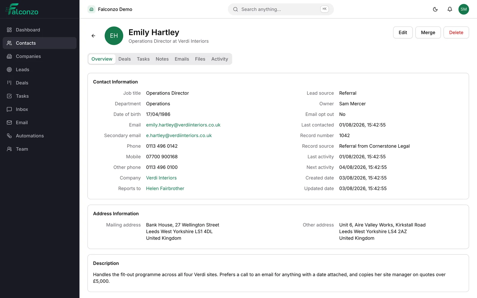 A Falconzo contact record showing custom fields alongside the standard ones