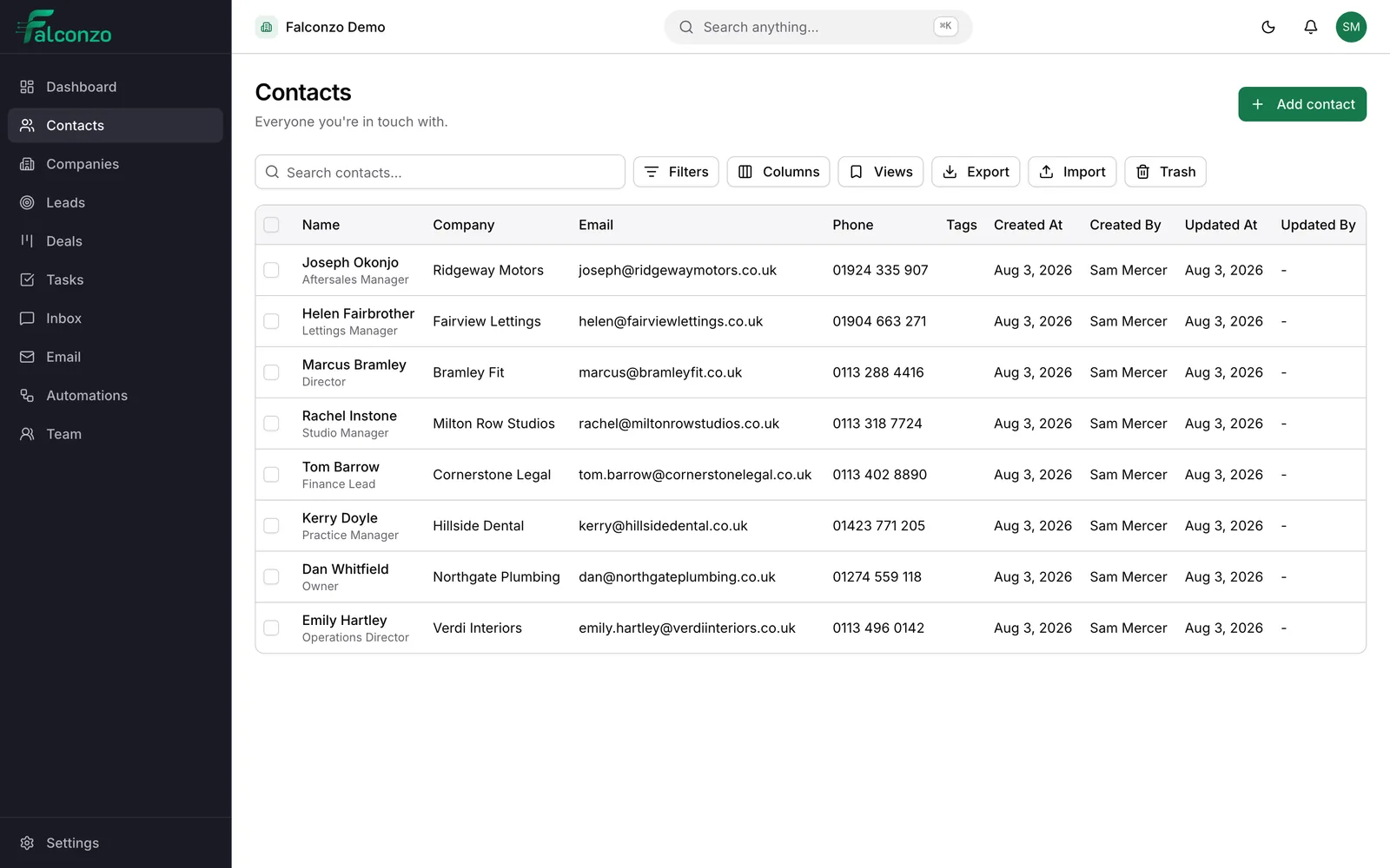 The Falconzo contacts list showing names, companies and owners