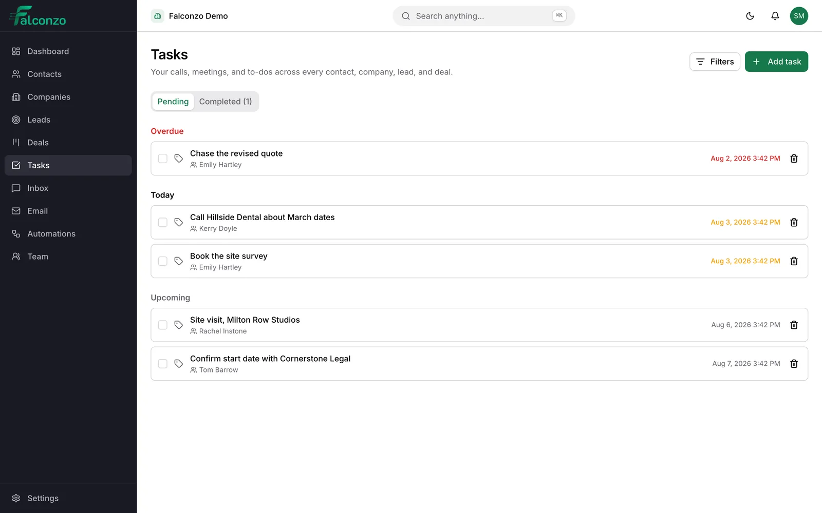 The Falconzo task list, grouped into overdue, today and upcoming